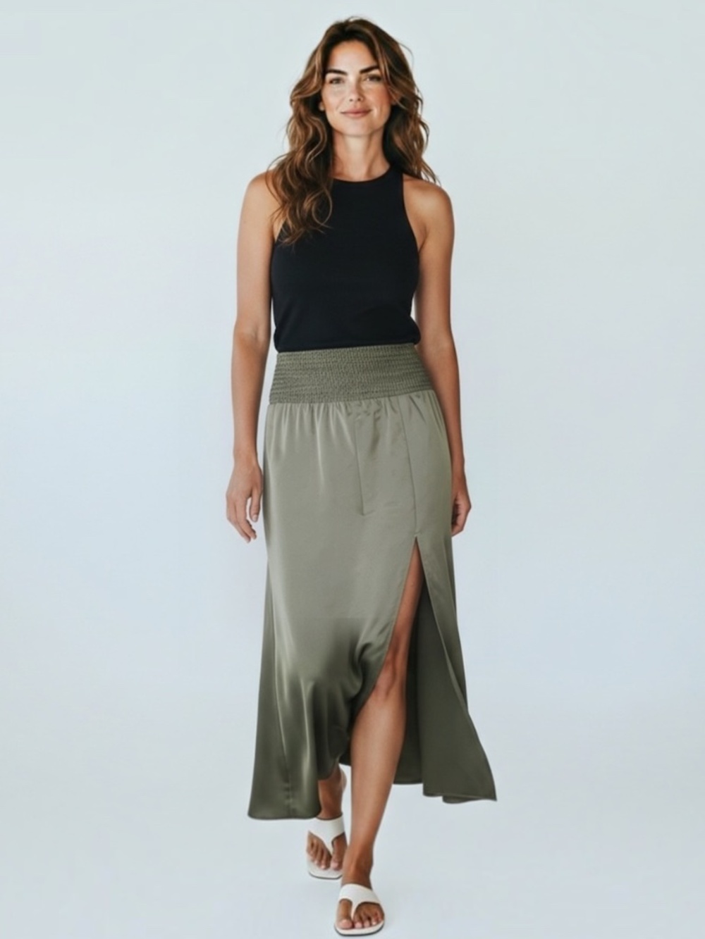 Smocked Waist Midi Skirt in Olive Green Medium
